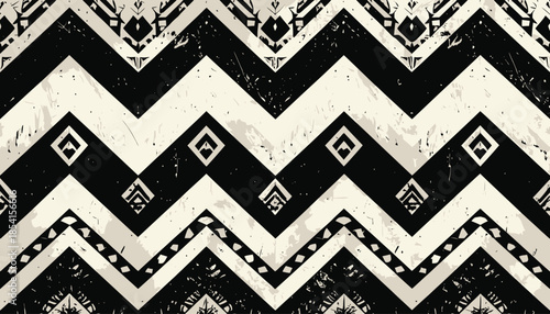 Monochrome zigzag pattern with grunge texture for backgrounds and designs.