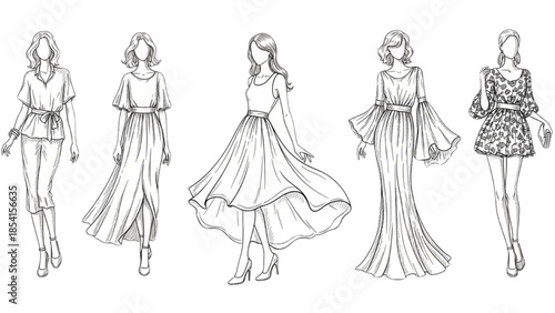 Fashion illustrations of women in various dresses and outfits showcased from different viewpoints