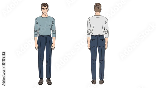 Illustration of a man standing facing forward and backward in casual attire
