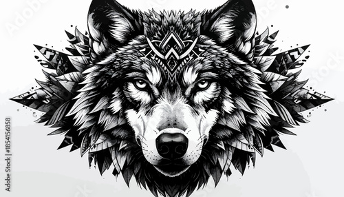Detailed black and white wolf illustration with geometric elements.