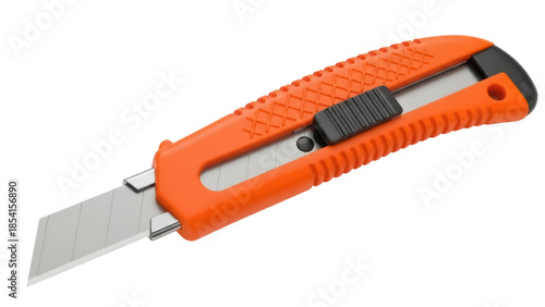 Orange utility knife isolated PNG, box cutter with retractable blade for cutting cardboard, paper, and other materials on transparent background