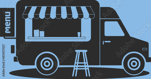 silhouette food truck with striped awning and serving counter, ideal for street food, mobile dining, urban lifestyle themes, outdoor markets, festival catering, and city food culture illustrations.