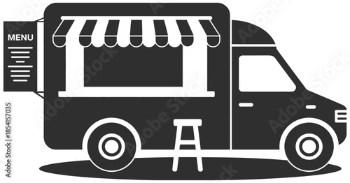 silhouette food truck with striped awning and serving counter, ideal for street food, mobile dining, urban lifestyle themes, outdoor markets, festival catering, and city food culture illustrations.