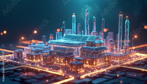 Futuristic Smart City Concept: Miniature Model Blending Traditional Asian Architecture and Modern Skyscrapers with Glowing Digital Data Flow