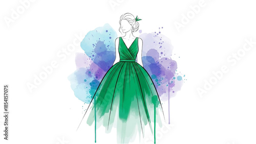 A woman wearing a green dress standing against a colorful watercolor background