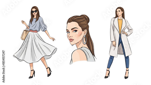 Fashionable woman posing in various stylish outfits and accessories, showcasing beauty and elegance.