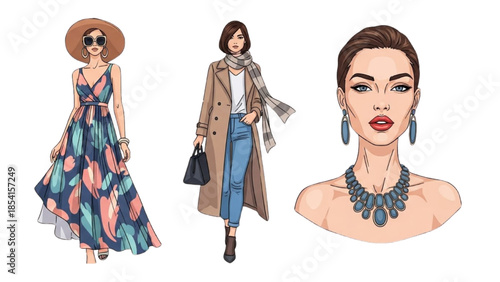 Fashion illustrations of women showcasing stylish clothing and accessories in a clean and minimalist environment from a frontal viewpoint.