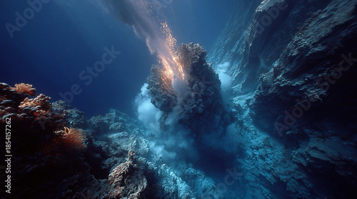 Underwater volcanic vent with hydrothermal ecosystem, venting mineral-rich water, tube worms and marine life surrounding hot vent, deep-sea environment, extreme oceanic ecosystem biodiversity captured
