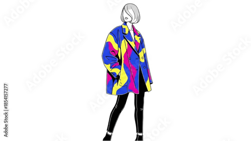 Vibrant illustration of a person wearing a colorful coat and black pants standing against a white background