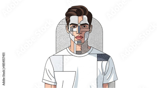 Illustration of a man with a broken jaw, sitting in a chair, wearing a white shirt, and having his head and neck supported by a medical device.