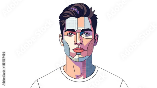 Illustration of a man with a divided face, showcasing contrasting colors and facial features in a graphic style