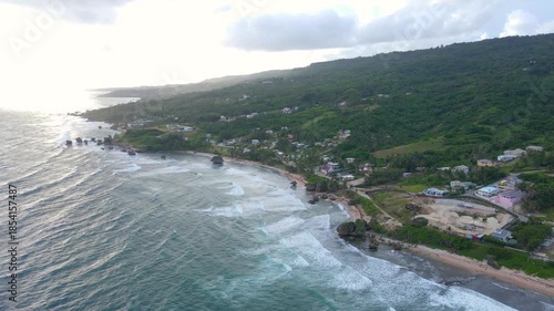 Bathsheba Beach aerial view including mushroom rock in village of Bathsheba, Saint Joseph, Barbados. 