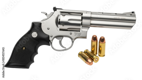 Schilderij op canvas Silver revolver with bullets isolated PNG, handgun firearm for law enforcement a