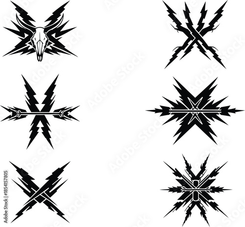 Sharp aggressive vector graphics with animal skull lightning bolts and arrow motifs for streetwear and tattoo art projects.