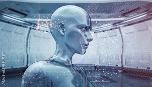 Transparent Humanoid Figure in Futuristic Laboratory Environment Surrounded by Digital Data Particles and Glowing Light