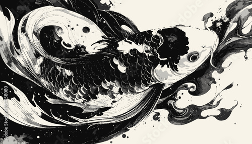 Elegant black and white ink painting of a Koi fish swimming gracefully.