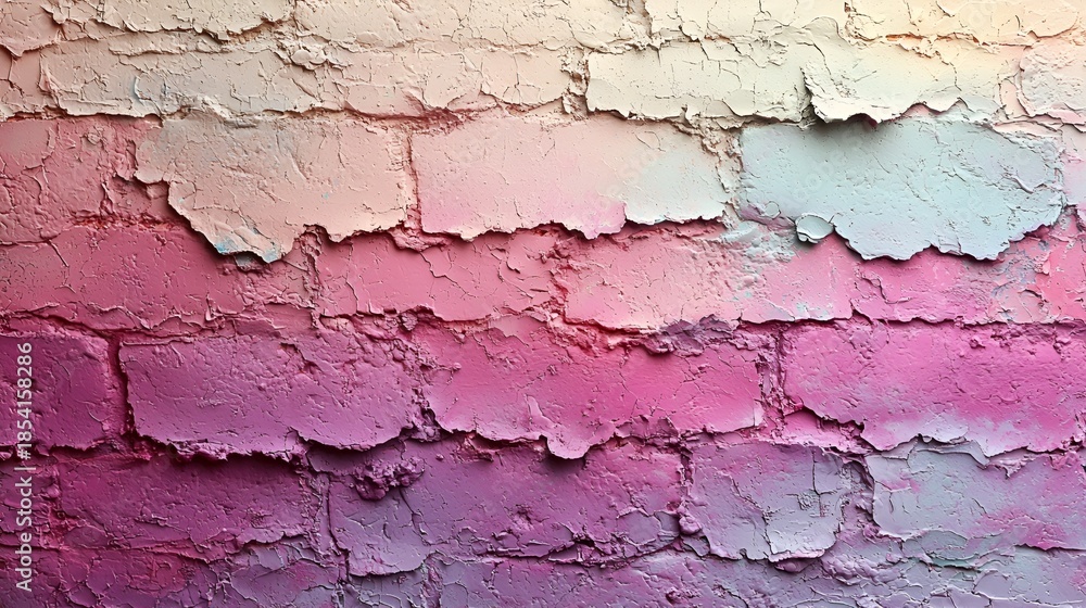 Obraz premium Textured pastel pink, purple, and beige brick wall background.