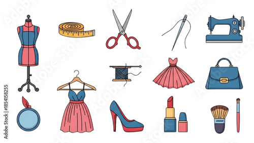 Fashion accessories and clothing items displayed with sewing equipment and beauty products