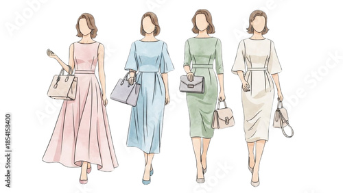 Four women walking together, wearing different colored dresses and carrying handbags, in a fashion illustration.