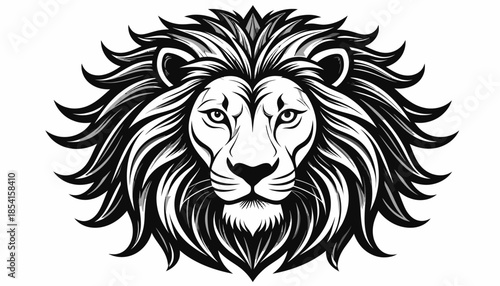 Majestic lion head with detailed mane in black and white vector illustration.