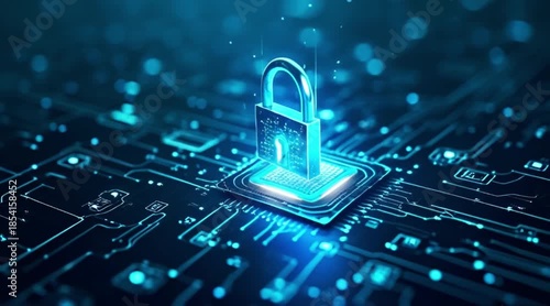 Digital Security Concept: Padlock on glowing circuit board symbolizing data protection network safety information privacy and cyber technology.
