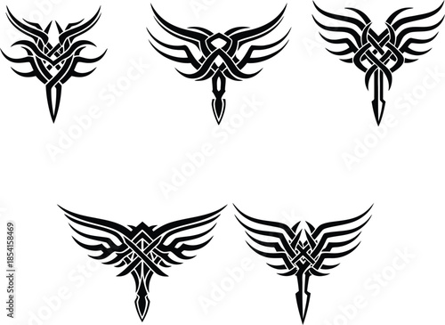 Symmetrical tribal wing vector collection with intricate celtic knots and sharp blades for fantasy gaming and tattoo art.