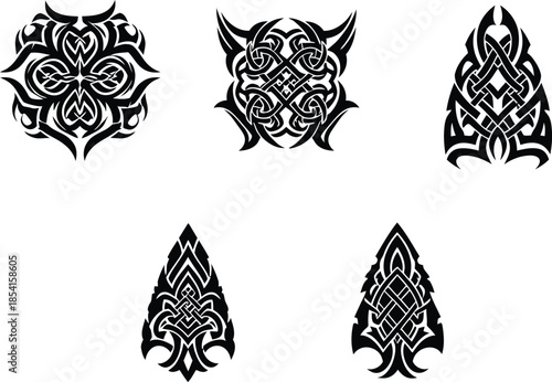 Collection of symmetrical celtic knot vector ornaments and tribal arrowhead designs for fantasy gaming and tattoo art projects.