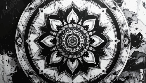 Detailed black and white mandala design with intricate patterns and floral elements.