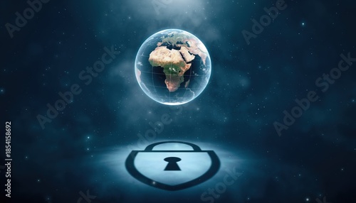 Digital Globe Protected by Digital Lock and Shield Symbol in Dark Nebula with Floating Particles and Soft Light Glow