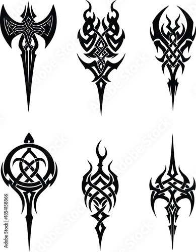 Symmetrical tribal vector daggers and axes with celtic knotwork for fantasy gaming, gothic tattoo art and weapon design elements.
