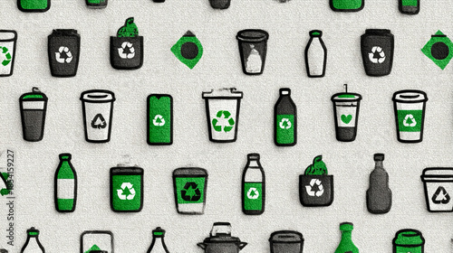 Upcycling symbol sets illustrating creative reuse cues, sustainability innovation indicators, reduced-waste messaging, and simplified visual motifs