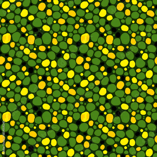 Abstract seamless geometric pattern of frog skin texture, amphibian. Bright yellow, black, and green natural background with colored spots. Multicolored fresh vegetable grains with corn and peas.