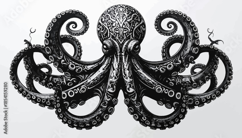 Detailed monochrome illustration of an octopus with intricate patterns.