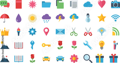 Colorful icon grid collection, user interface symbols, graphic design elements, diverse objects and actions, flat vector illustration