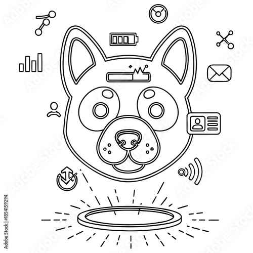 Futuristic Robotic Dog Head Illustration with Technology Icons – AI Pet Concept for Innovation and Digital Design