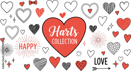 Heart collection with love text, romantic symbols, decorative sparkles, valentine theme, happy emotion design, flat vector illustration