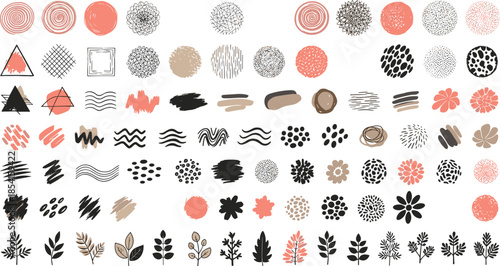 Abstract botanical design set, coral black beige elements, floral motifs, brush strokes, geometric shapes, wave lines, flat vector illustration