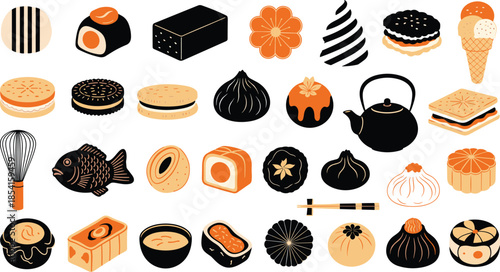 Asian food and dessert icon set, cookies, sushi, dumplings, teapot, minimal style, black orange beige, flat vector illustration