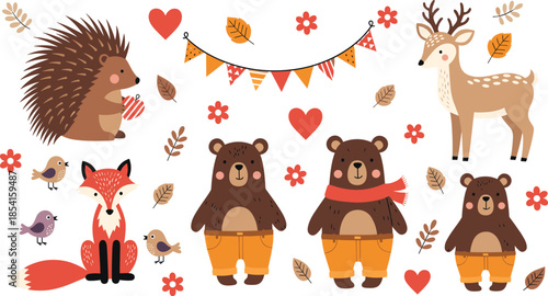 Autumn forest animal collection, cute woodland creatures, seasonal leaves and flowers, festive nature scene, flat vector illustration