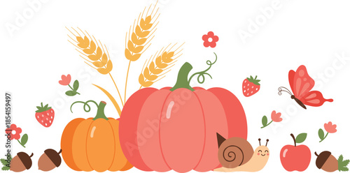 Autumn harvest, pumpkins, wheat, apples, strawberries, snail, butterfly, acorns, fall season, festive nature scene, flat vector illustration
