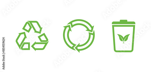 Recycle icon set. ecology, eco-friendly, and environmental management symbols. Arrows, heart, and leaf recycling eco green symbol.