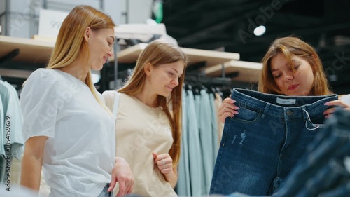 Three women stand in fashion store talking while one shows a pair of jeans, concept of shared style and retail decision-making