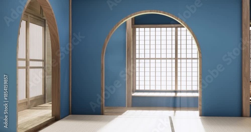 Blue Empty Mock up living room, minimal style with wooden details background 3D illustration rendering