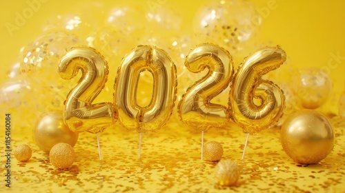 Golden 2026 balloons and confetti create a festive and celebratory atmosphere for new year s eve or a special occasion