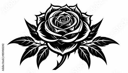 Elegant black and white rose illustration with detailed shading and leaves.