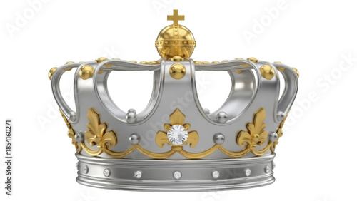 Silver and gold crown with cross isolated PNG, royal symbol of power and authority on transparent background