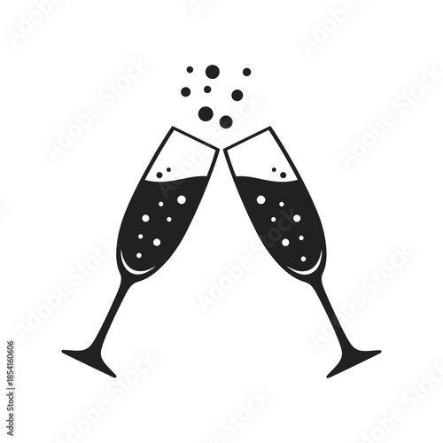 Two champagne flutes clinking with bubbles and liquid celebration toast