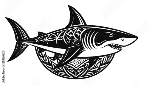 Monochrome vector illustration of a shark with decorative elements.