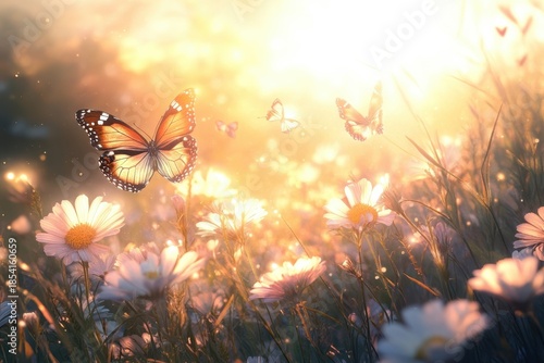 Colorful butterflies flutter above daisies under a bright sunset in a serene garden setting