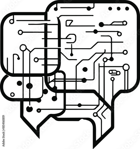 Digital Discourse: Intricate circuit board designs within speech bubbles symbolize the complex exchange of ideas and information in the digital age.